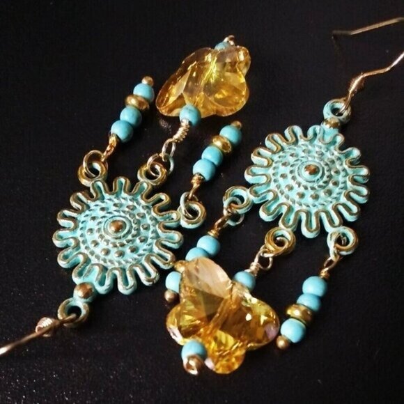 Upbeat! Boho! Playful Butterfly Chandelier Earrings! Yellow + Aqua + Turquoise - Picture 7 of 8